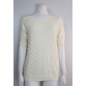 WOMEN'S IVORY WHITE SHORT SLEEVE SWEATER - LACE FRONT - DE COLLECTION - SIZE M